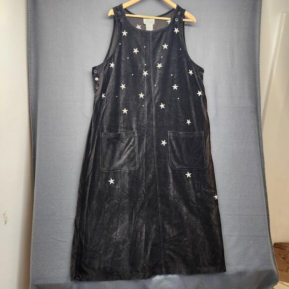 Quacker Factory Velvet Dress Womens 1X Black Star Sleeveless Jumper Pockets - Picture 1 of 14